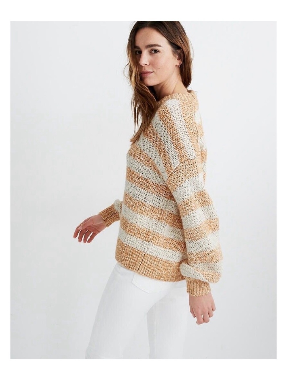 Madewell Baez Sweater Small Orange Cream Striped Sweater Wool Alpaca blend